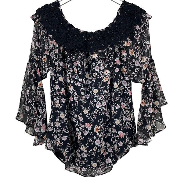 WHBM Womens Lace Floral Crochet Trim Off The Shoulder‎ Lined Blouse M - Picture 2 of 5